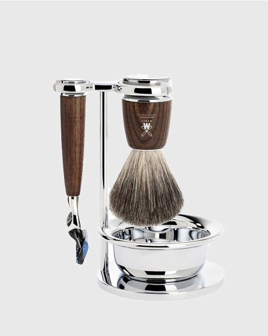 бритвенный набор muehle rytmo, ясень, натуральный барсучий ворс, т-образная бритва, чаша