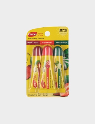 набор бальзамов для губ carmex ассорти (вишня, клубника, мятный леденец) spf 15 в тубе 3 шт