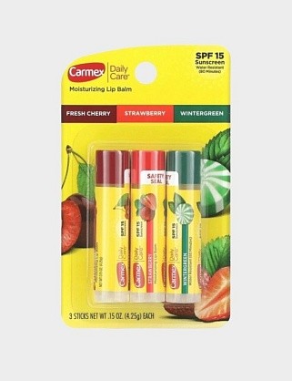 набор бальзамов для губ carmex ассорти (вишня, клубника, мятный леденец) spf 15 в стике 3 шт.
