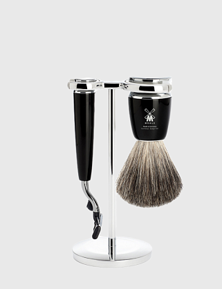 бритвенный набор muehle rytmo, черная смола, натуральный барсучий ворс, бритва mach3