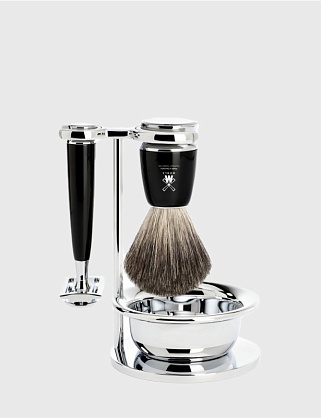бритвенный набор muehle rytmo, черная смола, натуральный барсучий ворс, т-образная бритва, чаша