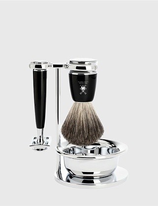 бритвенный набор muehle rytmo, черная смола, натуральный барсучий ворс, т-образная бритва, чаша